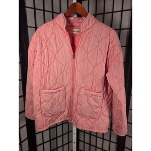 Katydid Pink Distressed Quilted Zip Up Jacket Women Medium Mock Neck Pockets